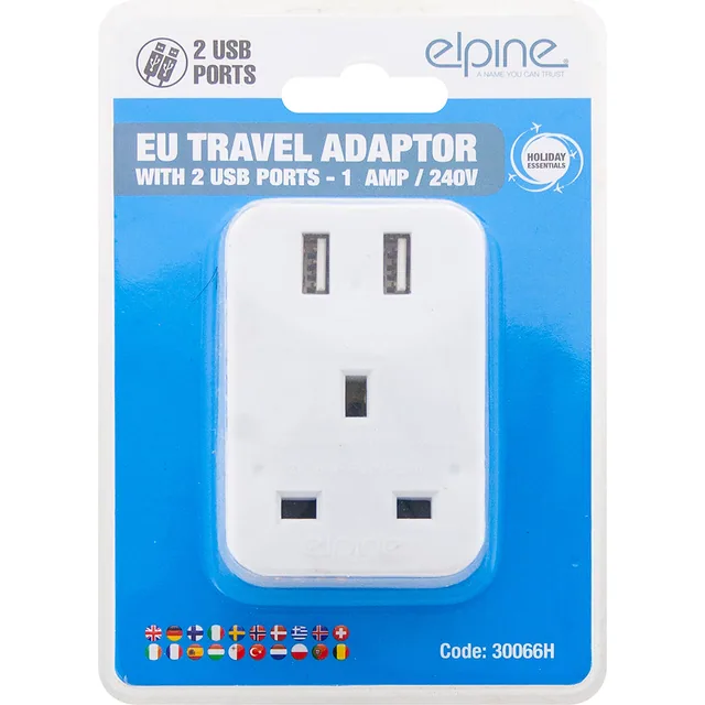 Single Socket Switch Plug Travel Power Adaptor with 2 USB Ports – 30066H