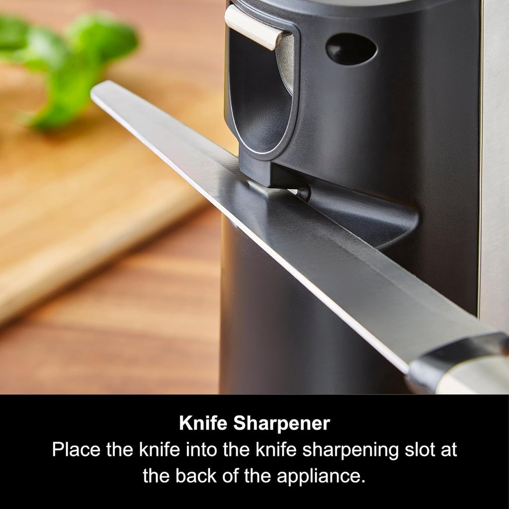 Morphy Richards 3-in-1 Electric Tin Can Opener, Knife Sharpener and Bottle Cap Remover, Magnetic Lid Holder, Hands Free, Safe Cleaning, Automatic Start and Stop, Cord Storage, Stainless Steel, 432030