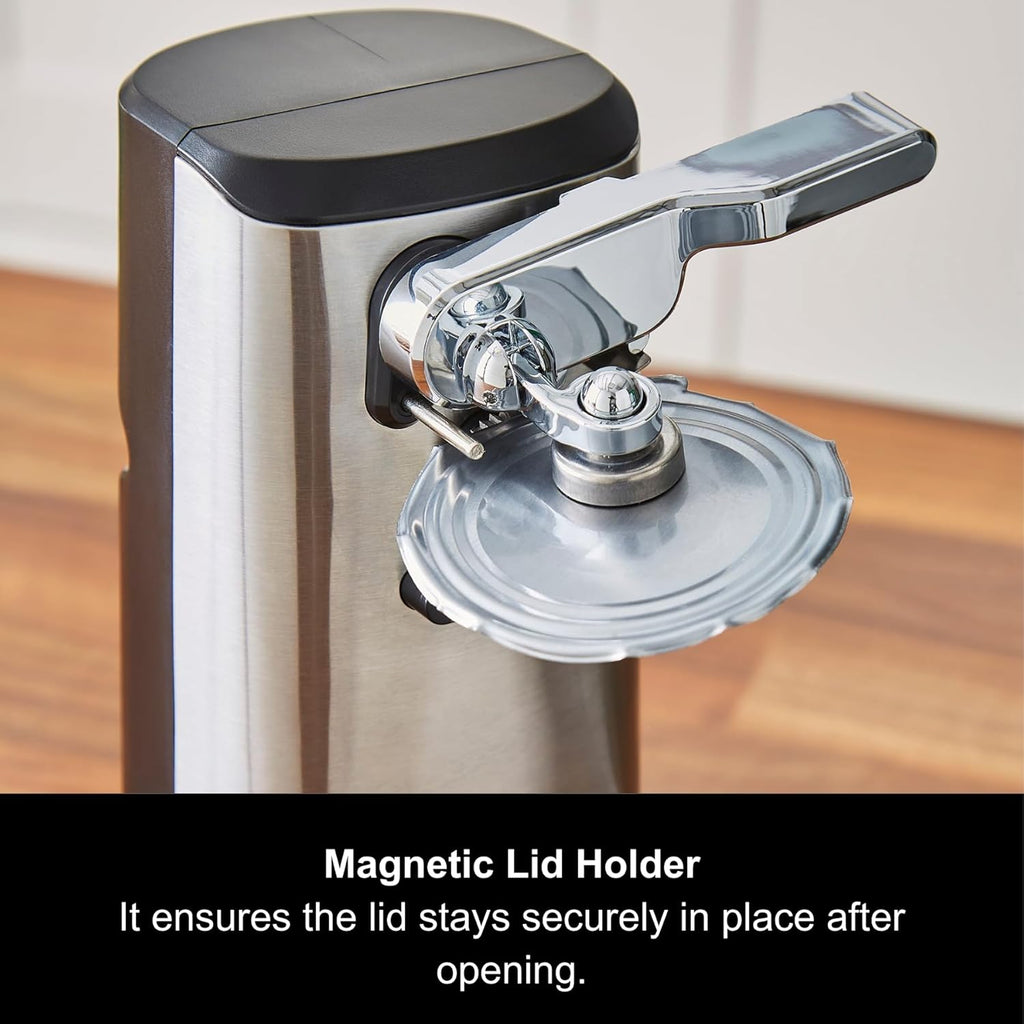 Morphy Richards 3-in-1 Electric Tin Can Opener, Knife Sharpener and Bottle Cap Remover, Magnetic Lid Holder, Hands Free, Safe Cleaning, Automatic Start and Stop, Cord Storage, Stainless Steel, 432030