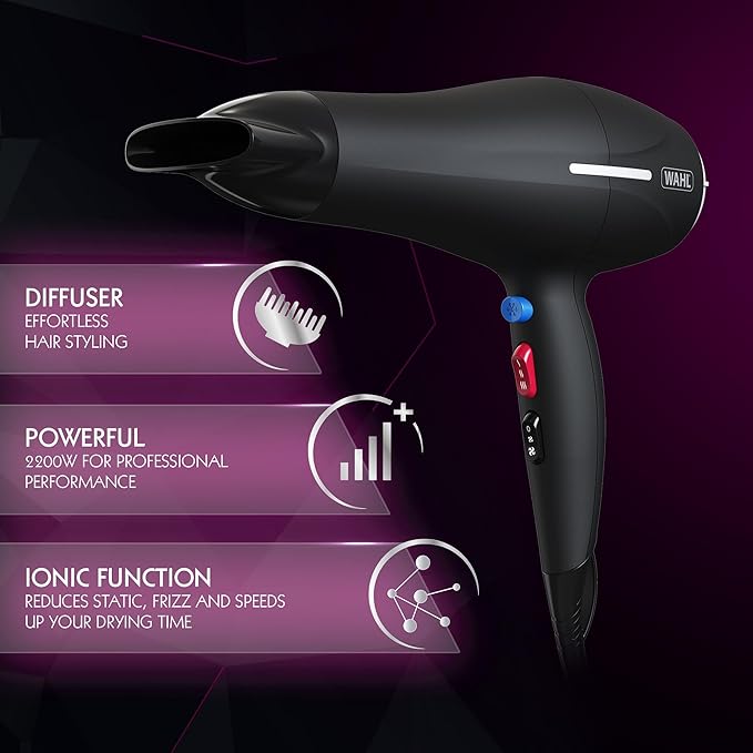 Wahl Ionic Smooth Hairdryer, Black - ZY105