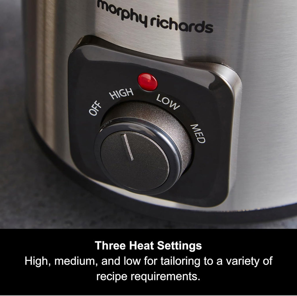 Morphy Richards Slow Cooker, 1.5L, Ceramic Pot, Lightweight & Compact, 3 Heat Settings, Stainless Steel Finish, For Couples, Small Households, Casseroles, Curries, Stews, Chillis, 460300