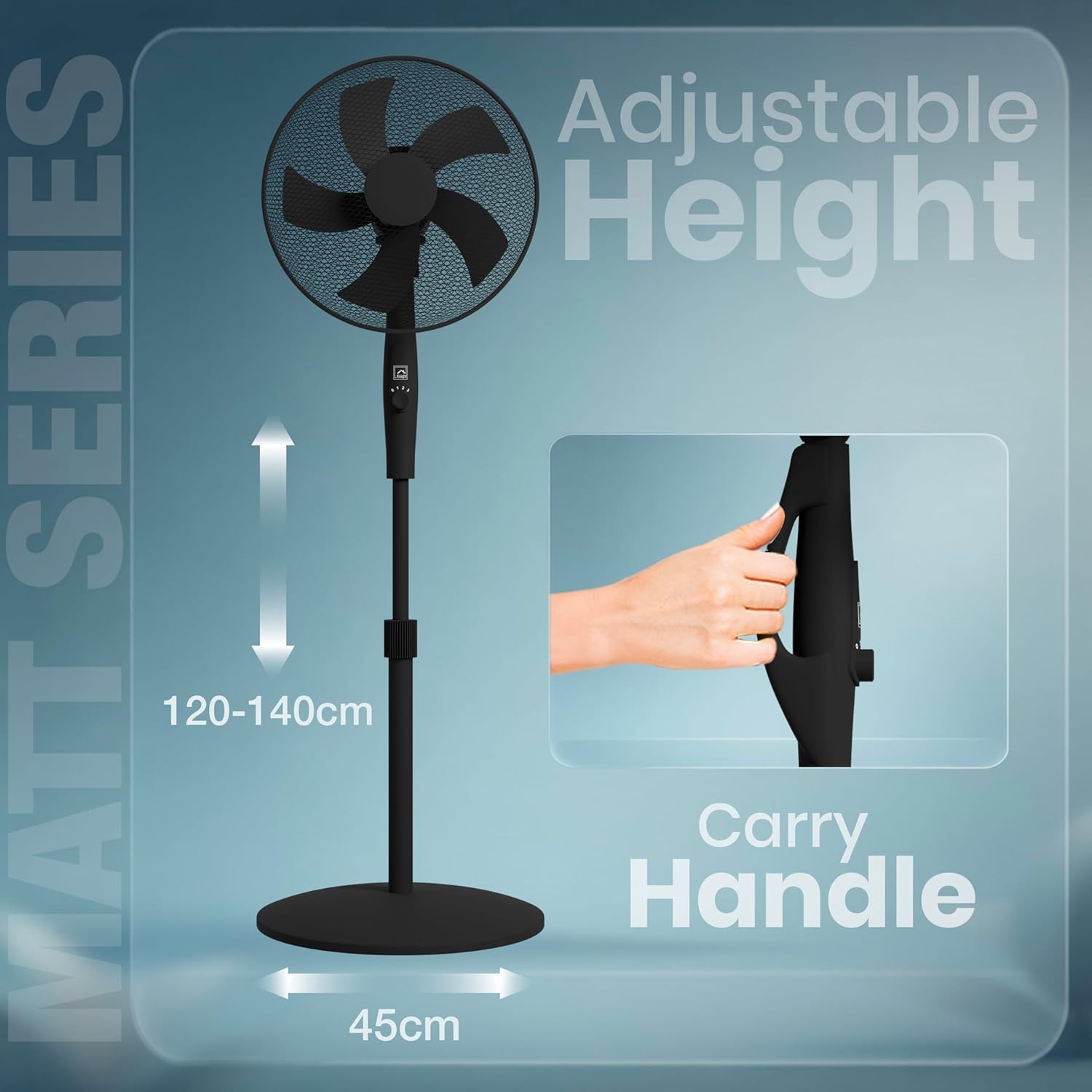 Knight 16" Pedestal Fan Sleek Matt Black Finish 5 Blade