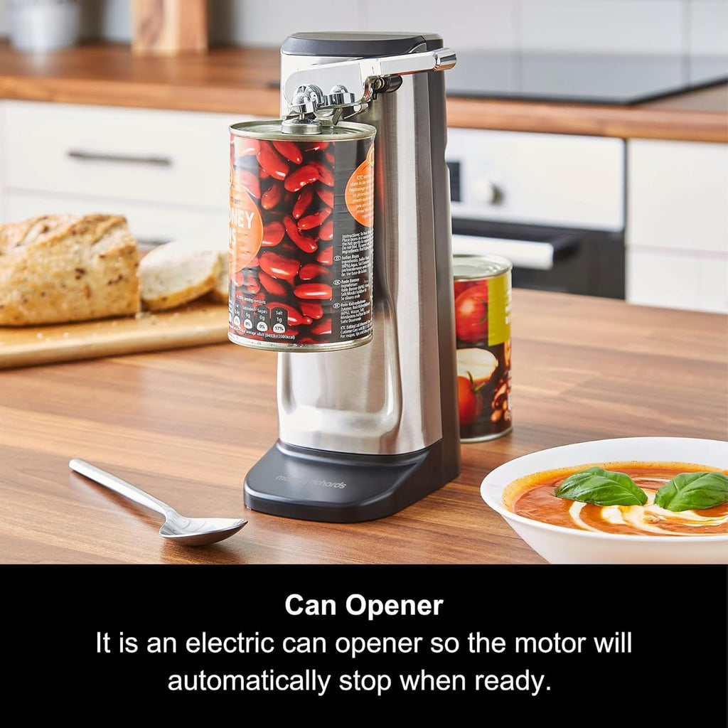Morphy Richards 3-in-1 Electric Tin Can Opener, Knife Sharpener and Bottle Cap Remover, Magnetic Lid Holder, Hands Free, Safe Cleaning, Automatic Start and Stop, Cord Storage, Stainless Steel, 432030