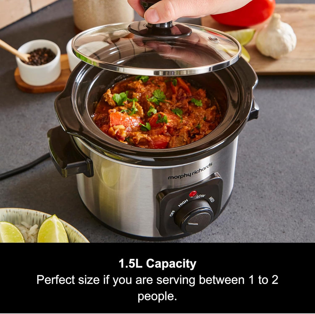 Morphy Richards Slow Cooker, 1.5L, Ceramic Pot, Lightweight & Compact, 3 Heat Settings, Stainless Steel Finish, For Couples, Small Households, Casseroles, Curries, Stews, Chillis, 460300