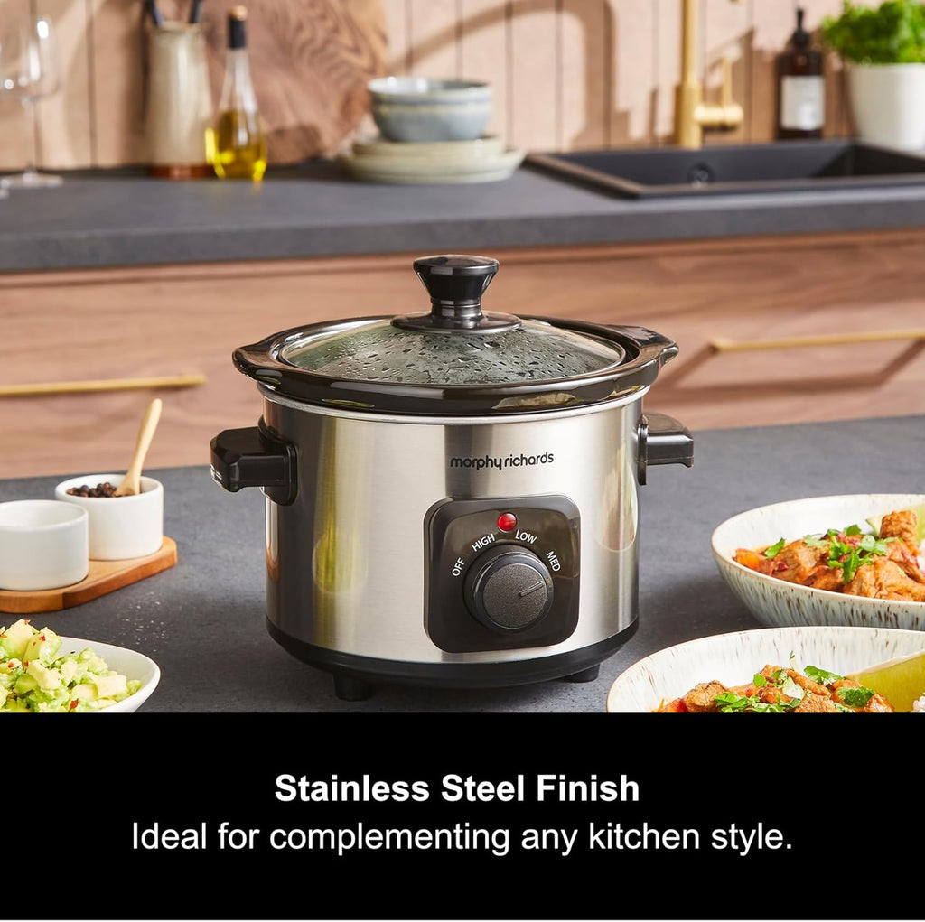 Morphy Richards Slow Cooker, 1.5L, Ceramic Pot, Lightweight & Compact, 3 Heat Settings, Stainless Steel Finish, For Couples, Small Households, Casseroles, Curries, Stews, Chillis, 460300