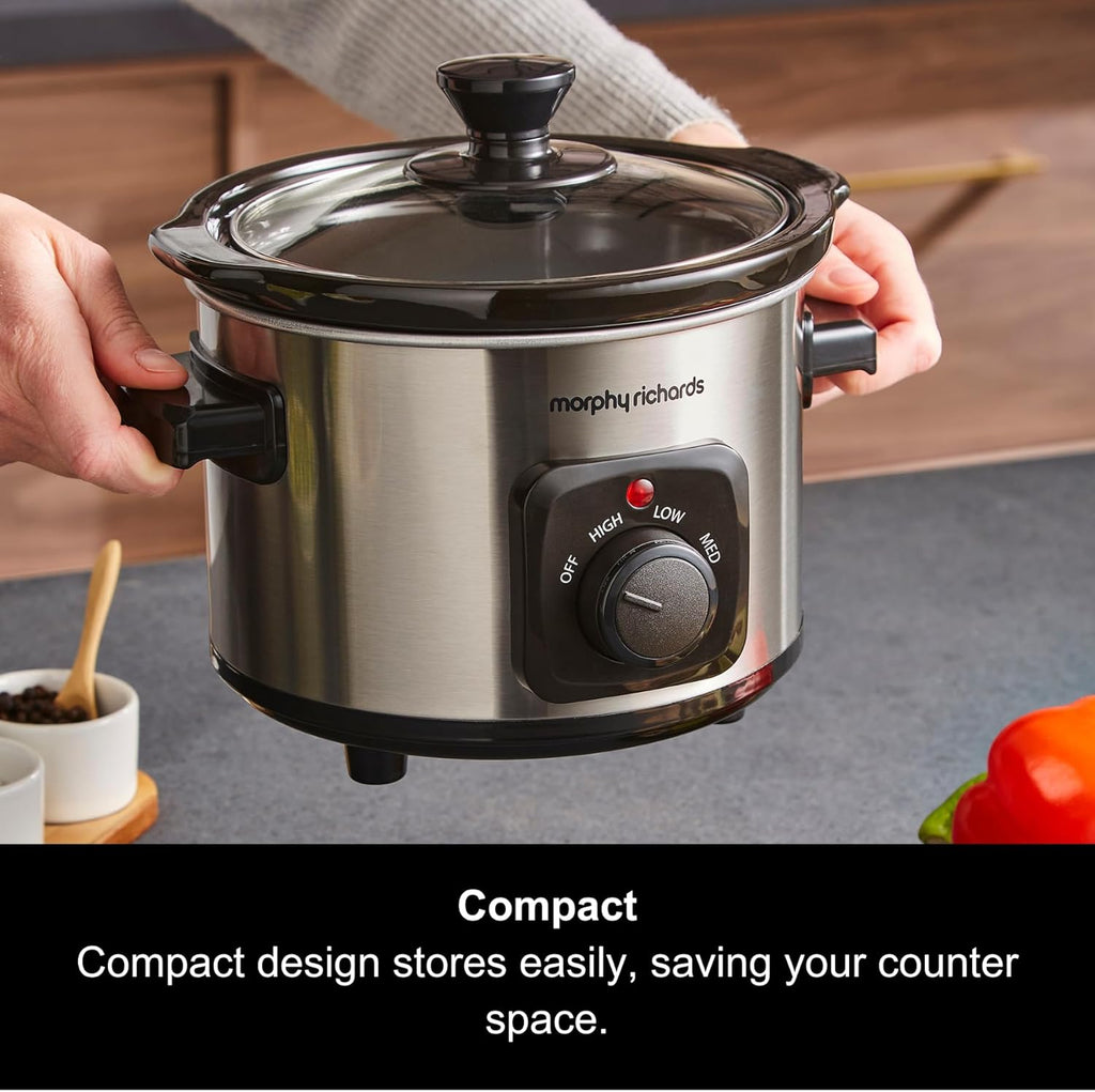 Morphy Richards Slow Cooker, 1.5L, Ceramic Pot, Lightweight & Compact, 3 Heat Settings, Stainless Steel Finish, For Couples, Small Households, Casseroles, Curries, Stews, Chillis, 460300