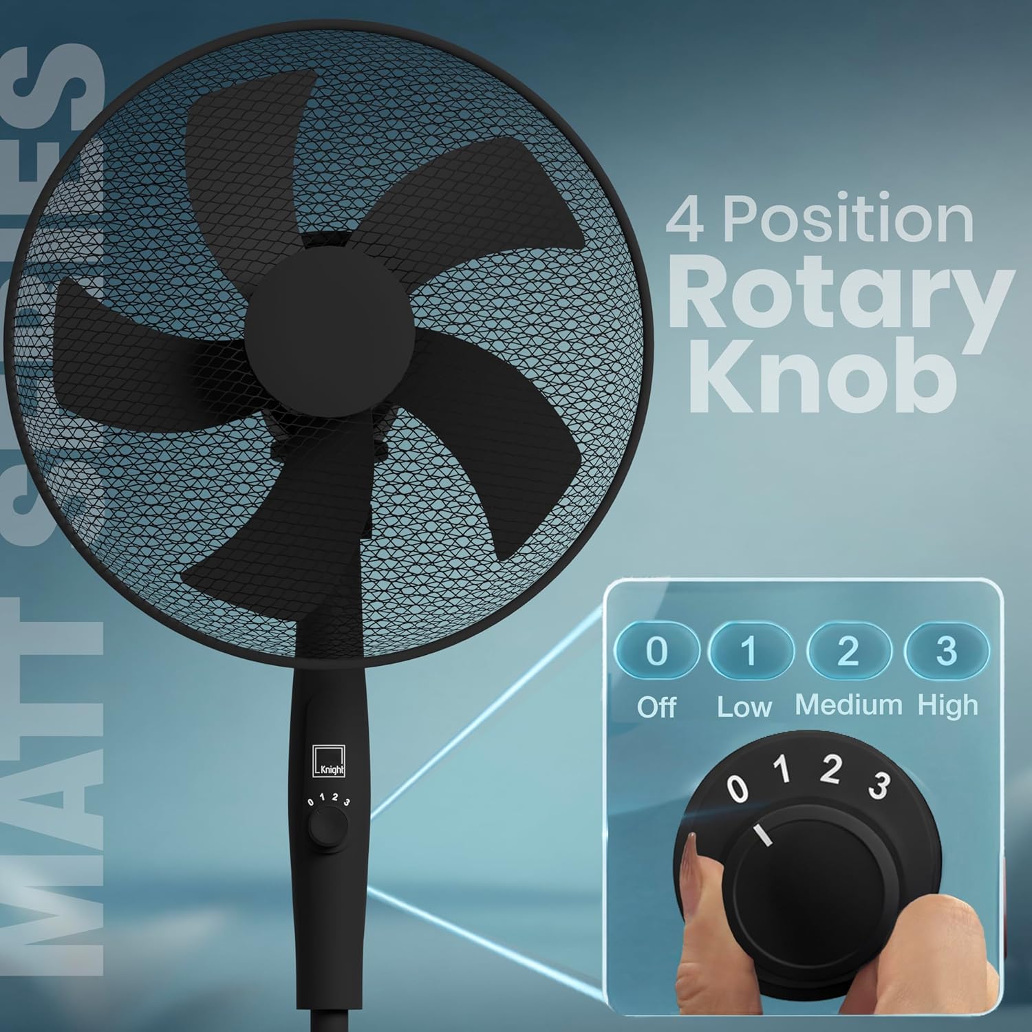 Knight 16" Pedestal Fan Sleek Matt Black Finish 5 Blade