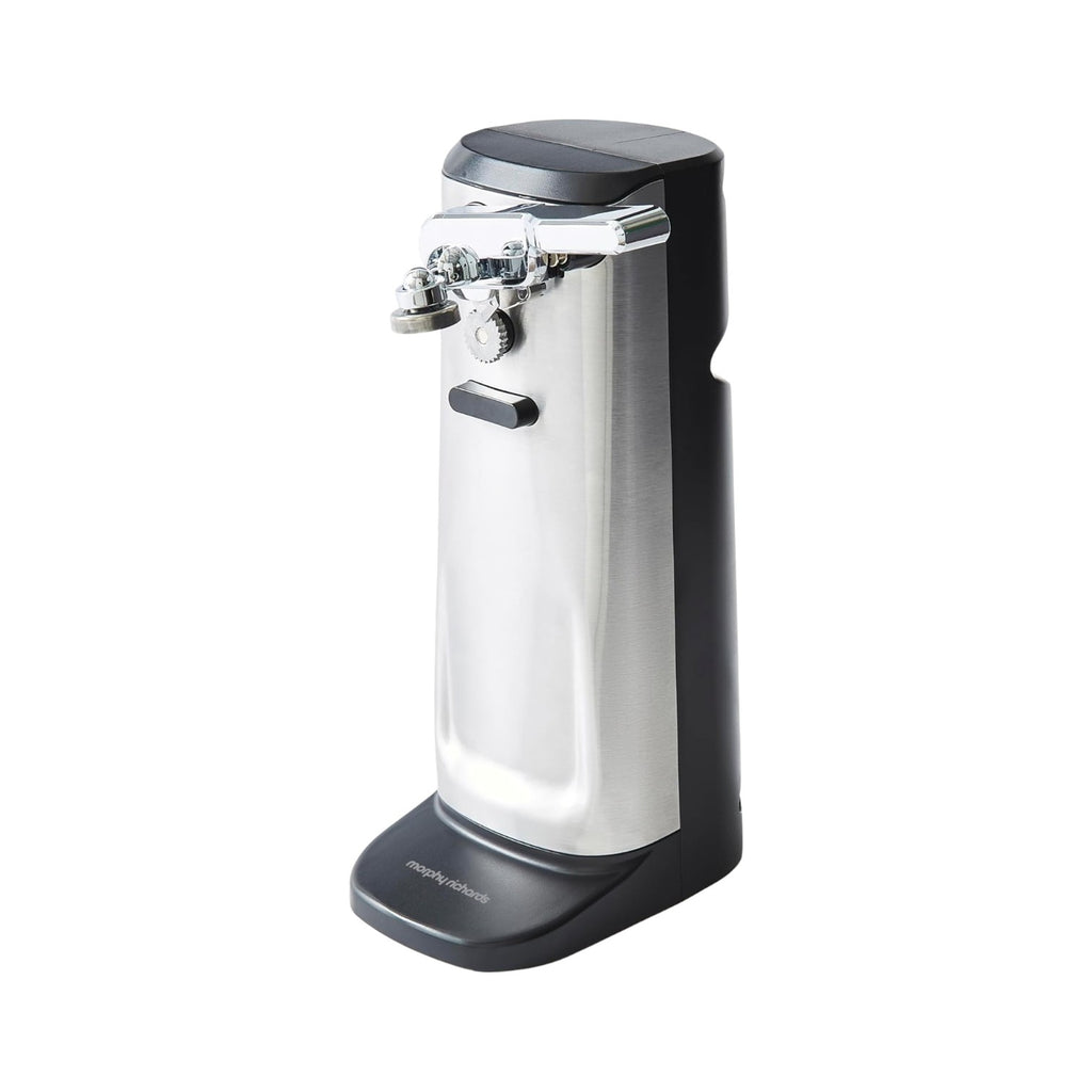 Morphy Richards 3-in-1 Electric Tin Can Opener, Knife Sharpener and Bottle Cap Remover, Magnetic Lid Holder, Hands Free, Safe Cleaning, Automatic Start and Stop, Cord Storage, Stainless Steel, 432030