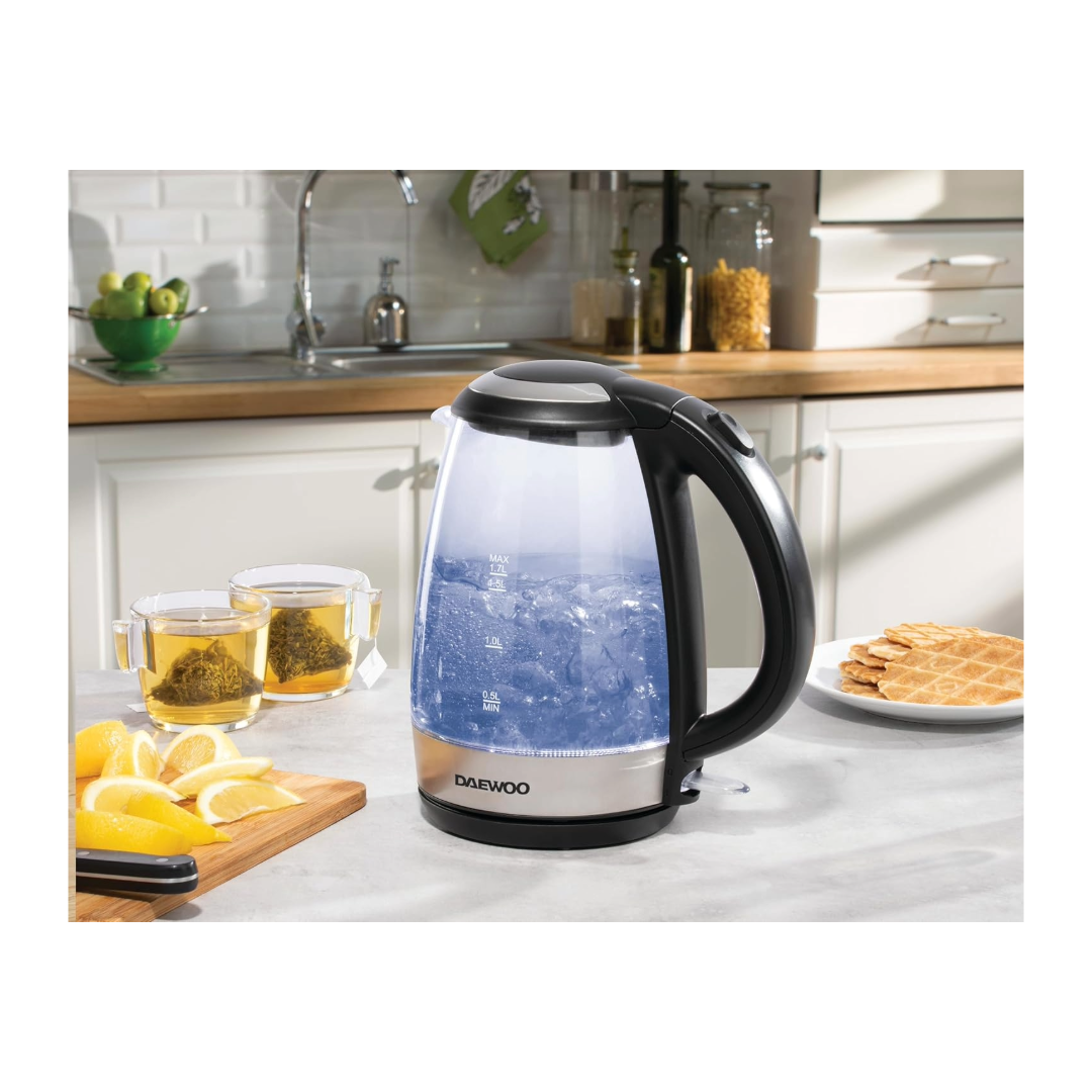 Daewoo 1.7L Glass Kettle, Fast Boil, 2200W Electric Kettle with LED Light - SDA1669