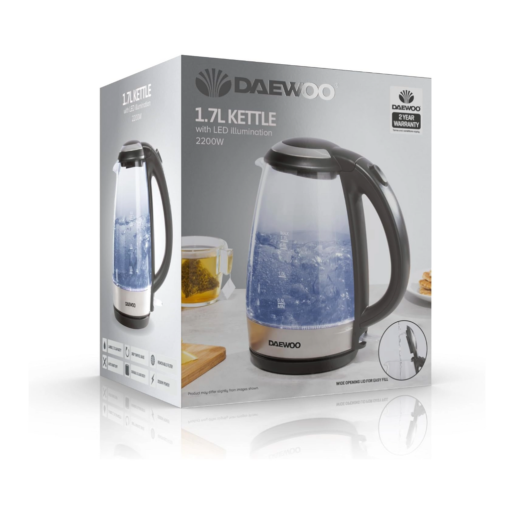 Daewoo 1.7L Glass Kettle, Fast Boil, 2200W Electric Kettle with LED Light - SDA1669
