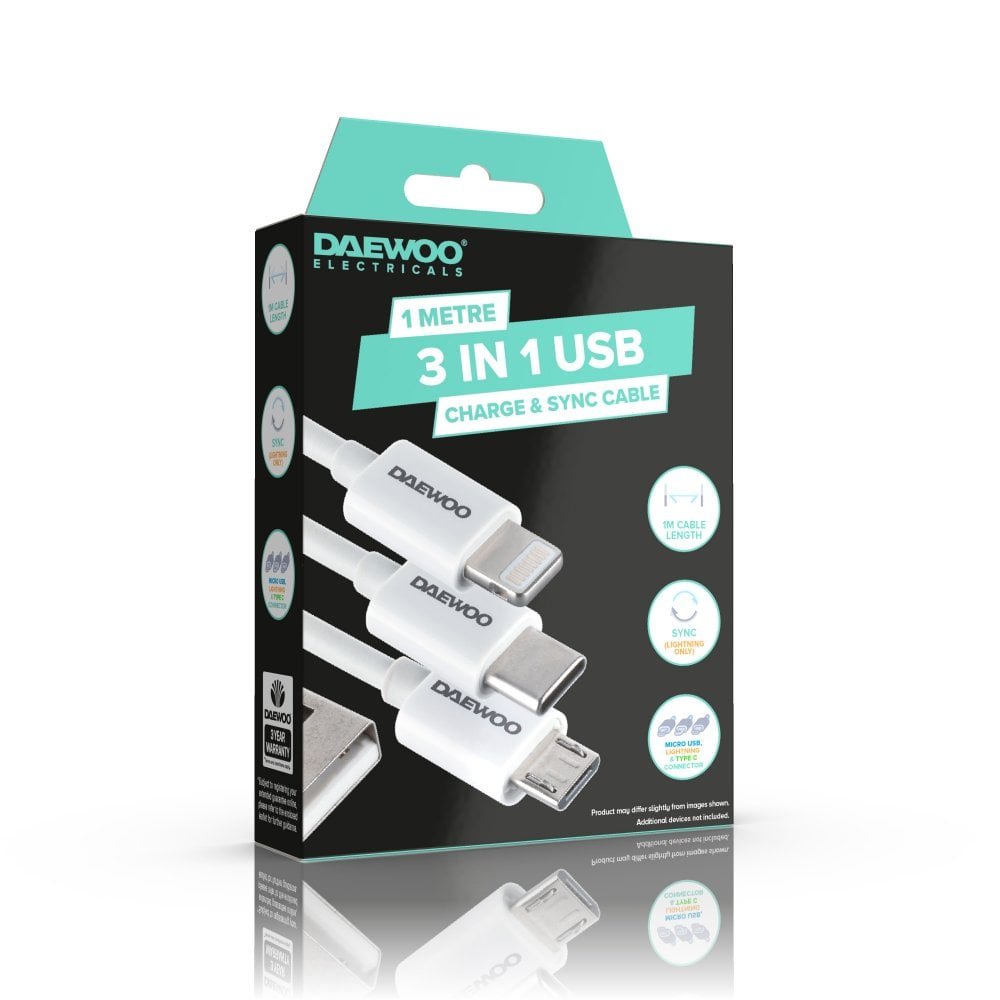 Daewoo 3‑in‑1 USB Charging Cable 1m – ELA1350