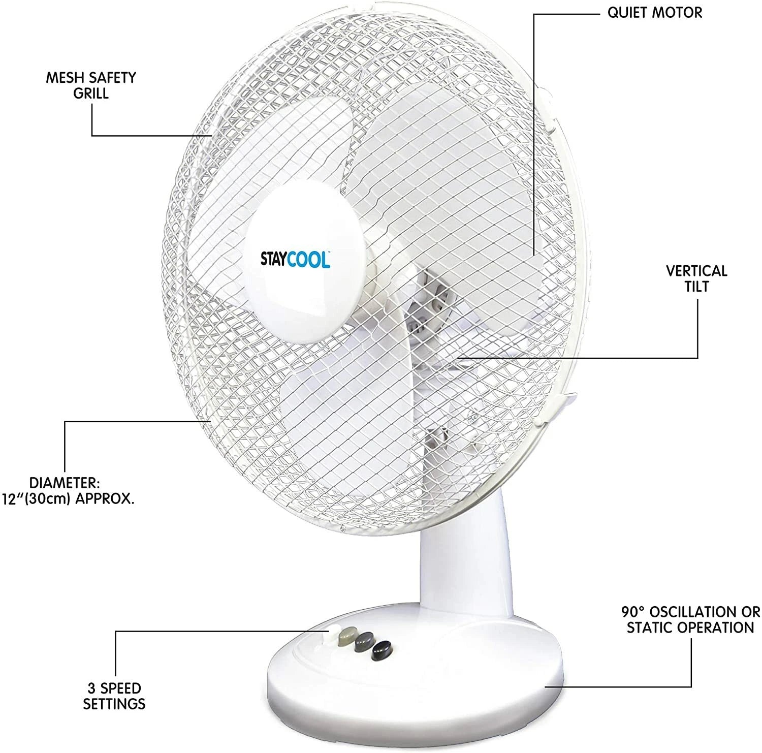 Stay Cool 12" Desk Fan Oscillating - F1011WH